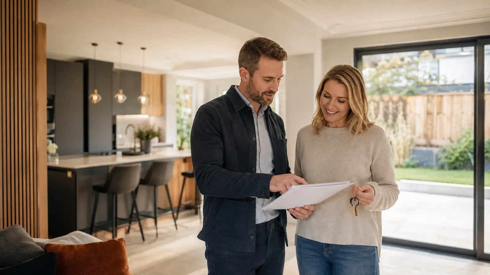 Construction professional and homeowner completing a project handover review